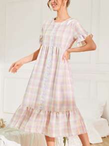 Mulvari 格紋前紐扣荷葉邊睡裙 - 彩色 - 查看 1