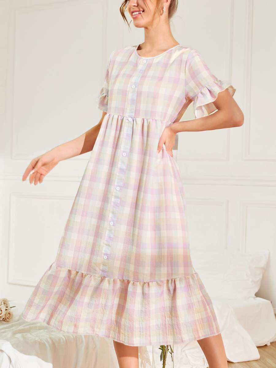 Mulvari 格紋前紐扣荷葉邊睡裙 - 彩色 - 查看 1