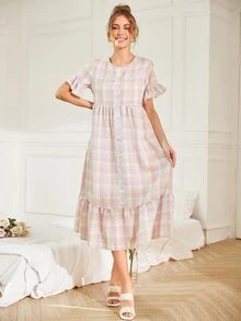 Mulvari 格紋前紐扣荷葉邊睡裙 - 彩色 - 查看 3