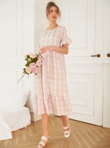 Mulvari 格紋前紐扣荷葉邊睡裙 - 彩色 - 查看 4
