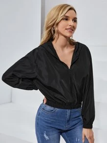 SHEIN EZwear 秋冬字母图案连帽拉链夹克 - 黑色 - 查看 4
