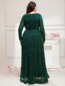 Modelyn Plus Surplice Neck Sequin Detail Belted Dress, Elegant Long Sleeve Formal Evening Prom Gown, For Wedding Guest, Graduation, Dinner, Christmas - Dark Green - View 2