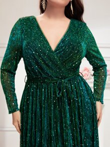 Modelyn Plus Surplice Neck Sequin Detail Belted Dress, Elegant Long Sleeve Formal Evening Prom Gown, For Wedding Guest, Graduation, Dinner, Christmas - Dark Green - View 4