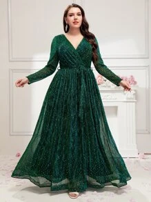 Modelyn Plus Surplice Neck Sequin Detail Belted Dress, Elegant Long Sleeve Formal Evening Prom Gown, For Wedding Guest, Graduation, Dinner, Christmas - Dark Green - View 5