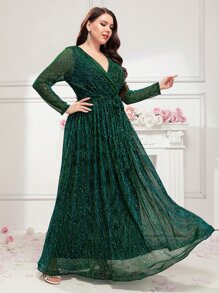 Modelyn Plus Surplice Neck Sequin Detail Belted Dress, Elegant Long Sleeve Formal Evening Prom Gown, For Wedding Guest, Graduation, Dinner, Christmas - Dark Green - View 6