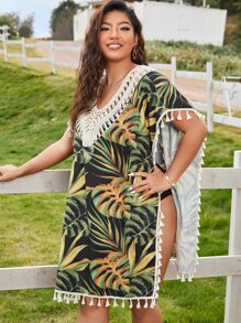 Plus Plant Print Tassel Crochet Cover Up - Multicolor - View 4