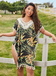 Plus Plant Print Tassel Crochet Cover Up - Multicolor - View 1