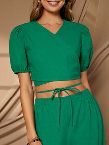 SHEIN Bộ đồ hai mảnh nữ Hội Chữ thập Thắt nút Trọn gói màu trơn Boho - màu xanh lá - Xem 4