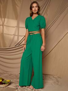 SHEIN Bộ đồ hai mảnh nữ Hội Chữ thập Thắt nút Trọn gói màu trơn Boho - màu xanh lá - Xem 5