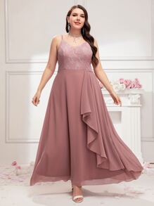 SHEIN Belle Plus Contrast Lace Zip Back Bridesmaid Dress - Dusty Pink - View 1