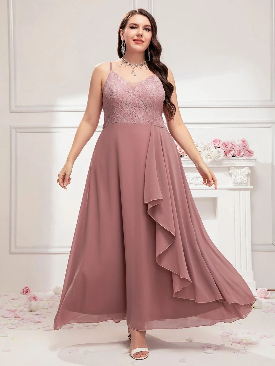 SHEIN Belle Plus Contrast Lace Zip Back Bridesmaid Dress - Dusty Pink - View 1