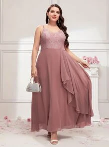 SHEIN Belle Plus Contrast Lace Zip Back Bridesmaid Dress - Dusty Pink - View 3
