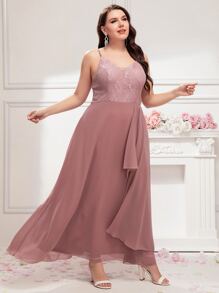 SHEIN Belle Plus Contrast Lace Zip Back Bridesmaid Dress - Dusty Pink - View 4