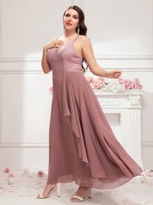 SHEIN Belle Plus Contrast Lace Zip Back Bridesmaid Dress - Dusty Pink - View 5