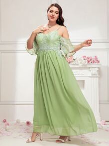 SHEIN Belle Plus Cold Shoulder Contrast Guipure Lace Chiffon Bridesmaid Dress - Lime Green - View 1