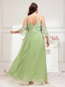 SHEIN Belle Plus Cold Shoulder Contrast Guipure Lace Chiffon Bridesmaid Dress - Lime Green - View 2