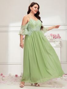 SHEIN Belle Plus Cold Shoulder Contrast Guipure Lace Chiffon Bridesmaid Dress - Lime Green - View 3