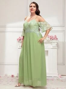 SHEIN Belle Plus Cold Shoulder Contrast Guipure Lace Chiffon Bridesmaid Dress - Lime Green - View 5