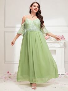 SHEIN Belle Plus Cold Shoulder Contrast Guipure Lace Chiffon Bridesmaid Dress - Lime Green - View 6