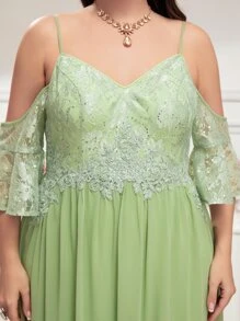 SHEIN Belle Plus Cold Shoulder Contrast Guipure Lace Chiffon Bridesmaid Dress - Lime Green - View 7