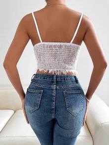 SHEIN Unity Áo hai dây Lộ Lưng viền lá sen cắt Dải chun Nút phía trước màu trơn Gợi cảm - trắng - Xem 2