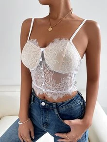 SHEIN Unity Áo hai dây Lộ Lưng viền lá sen cắt Dải chun Nút phía trước màu trơn Gợi cảm - trắng - Xem 5