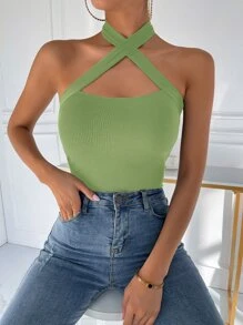 Criss Cross Tie Back Halter Top - Lime Green - View 1