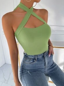 Criss Cross Tie Back Halter Top - Lime Green - View 4