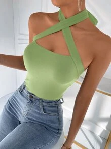 Criss Cross Tie Back Halter Top - Lime Green - View 5