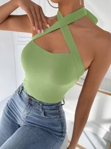Criss Cross Tie Back Halter Top - Lime Green - View 6