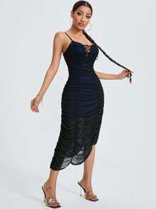 SHEIN Vestido ajustado con cordón delantero fruncido - Azul Marino - Ver 4