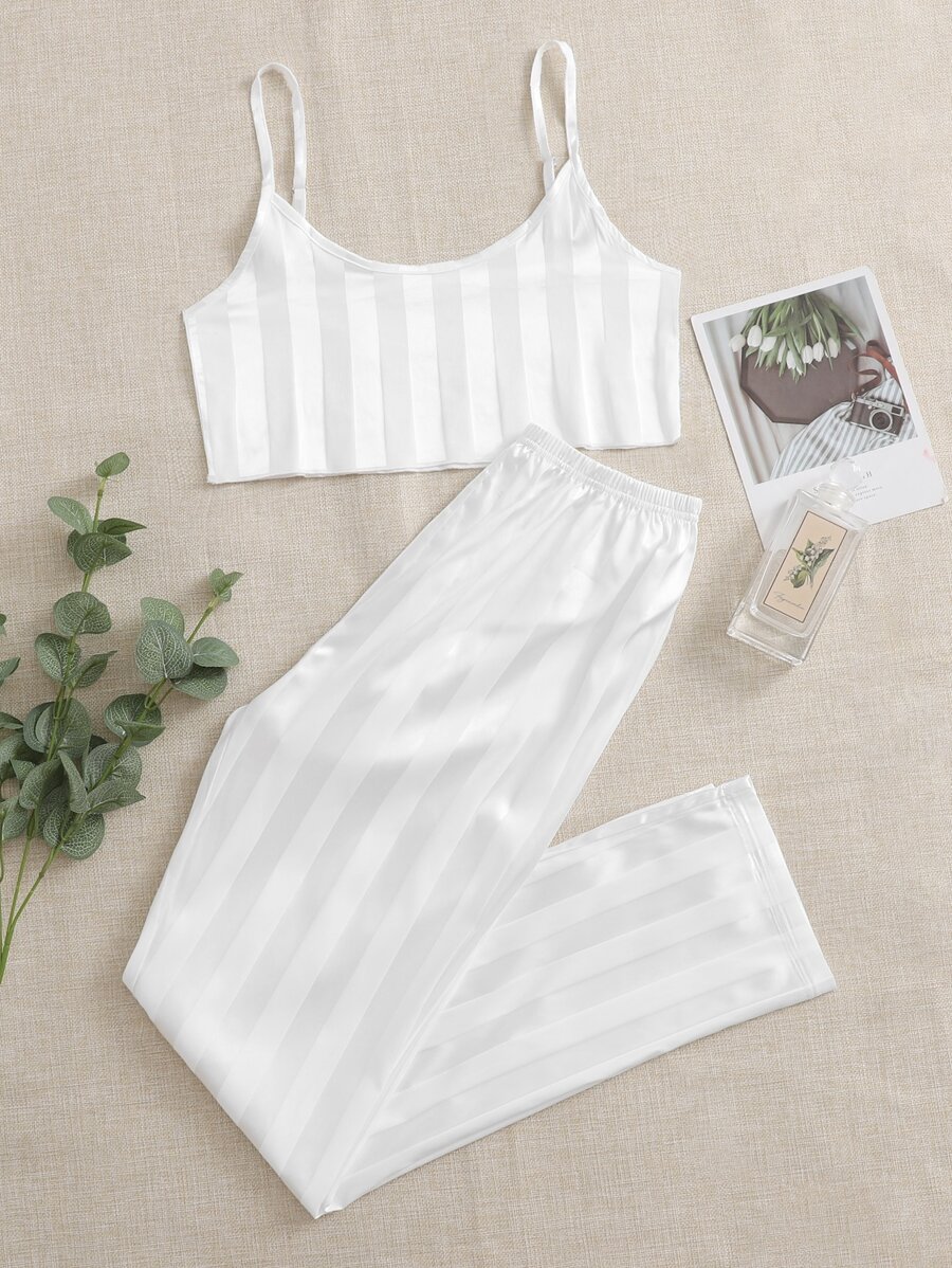 Striped Satin Cami Top & Trousers PJ Set - White - View 1