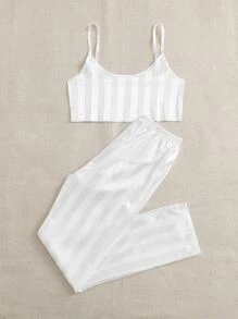 Striped Satin Cami Top & Trousers PJ Set - White - View 3