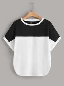 SHEIN Áo thun Plus size Tương phản ràng buộc Khối Màu Giải trí - trắng - Xem 1