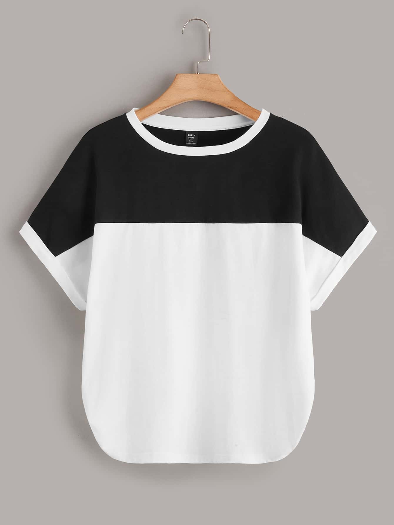 SHEIN Áo thun Plus size Tương phản ràng buộc Khối Màu Giải trí - trắng - Xem 1