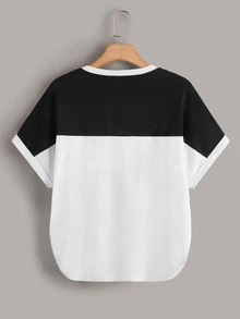 SHEIN Áo thun Plus size Tương phản ràng buộc Khối Màu Giải trí - trắng - Xem 2