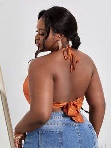 Slaydiva Plus Satin Draped Asymmetrical Hem Tie Back Halter Top - Orange - View 2