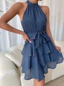 Chiquease Textured Knit Belted Layered Hem Dress - Dusty Blue - View 6