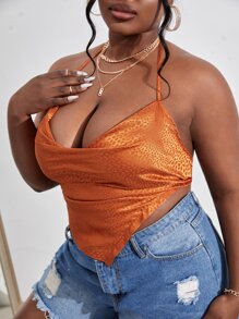 Slaydiva Plus Satin Draped Asymmetrical Hem Tie Back Halter Top - Orange - View 3