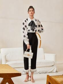 Mulvari Polka Dot Tie Neck Shirt - Black and White - View 3