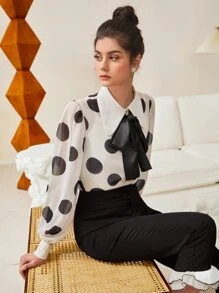 Mulvari Polka Dot Tie Neck Shirt - Black and White - View 4