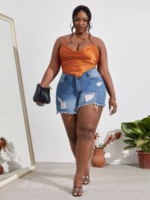 Slaydiva Plus Satin Draped Asymmetrical Hem Tie Back Halter Top - Orange - View 5