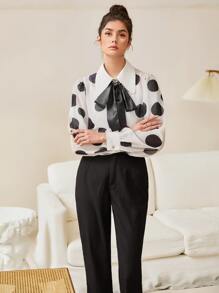 Mulvari Polka Dot Tie Neck Shirt - Black and White - View 6