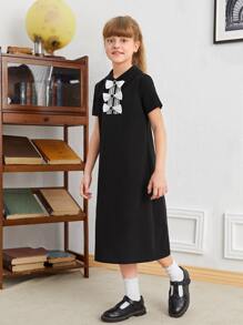 SHEIN Girls Bow Detail Dress - Black - View 3