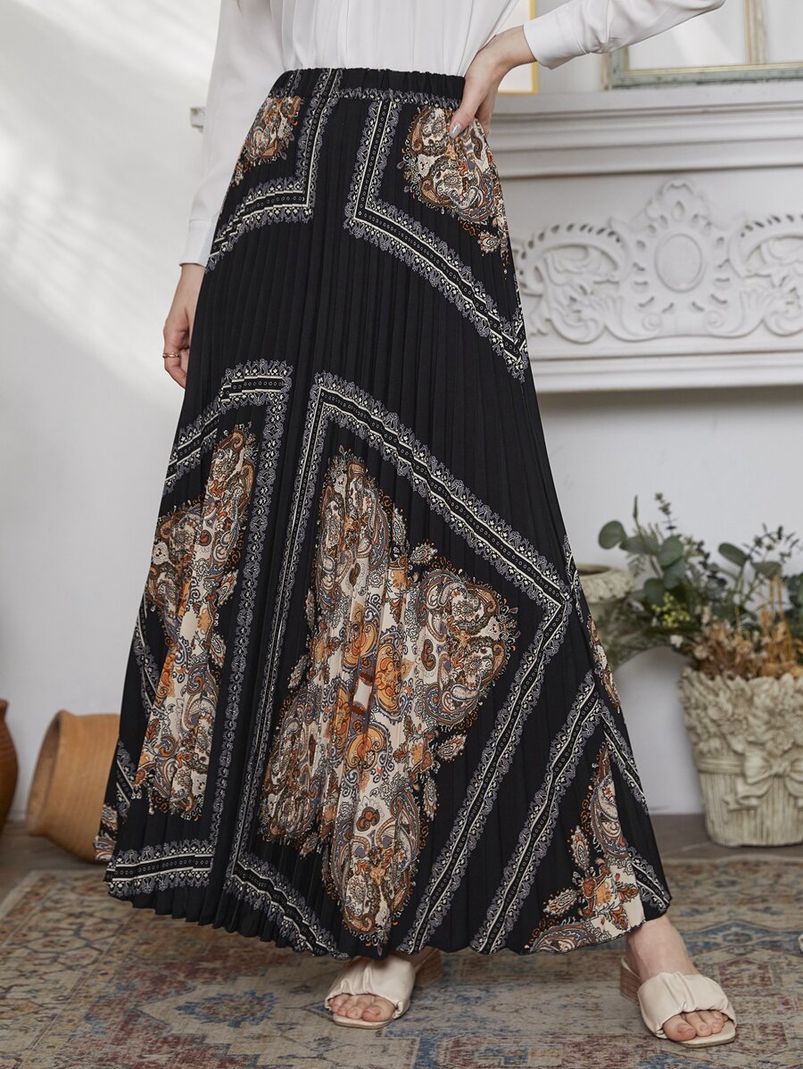 Modelyn Scarf Print Pleated Maxi Skirt - Multicolor - View 1