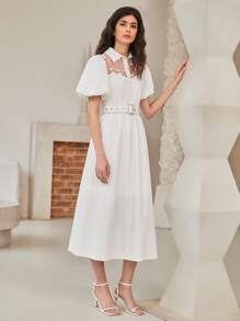 Mulvari 薄透刺繡網紗肩部泡泡袖襯衫洋裝不附腰帶 - 白色 - 查看 1