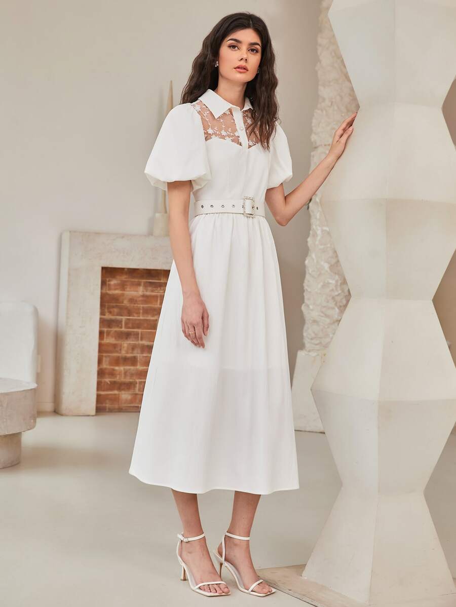 Mulvari 薄透刺繡網紗肩部泡泡袖襯衫洋裝不附腰帶 - 白色 - 查看 1