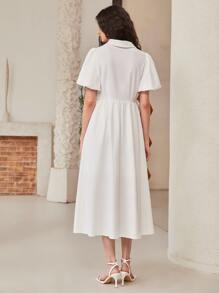 Mulvari 薄透刺繡網紗肩部泡泡袖襯衫洋裝不附腰帶 - 白色 - 查看 2