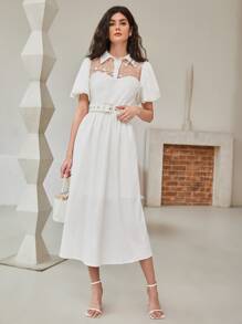 Mulvari 薄透刺繡網紗肩部泡泡袖襯衫洋裝不附腰帶 - 白色 - 查看 3