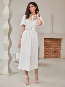 Mulvari 薄透刺繡網紗肩部泡泡袖襯衫洋裝不附腰帶 - 白色 - 查看 4